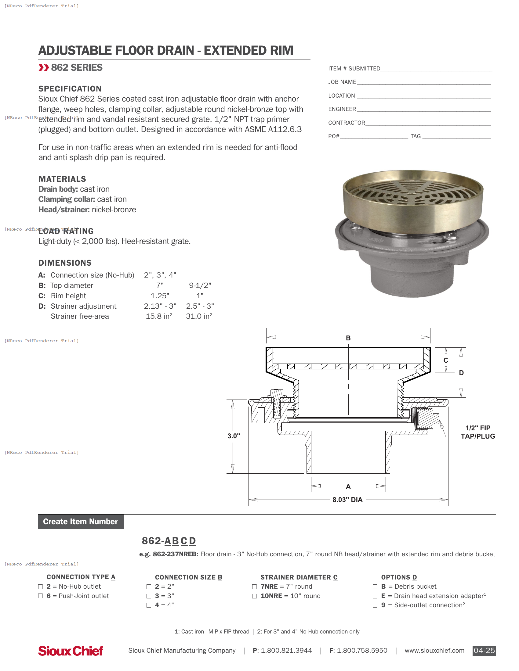 862 SERIES - ADJUSTABLE FLOOR DRAIN WITH EXT RIM - SPEC SHEET.PDF Specification Document